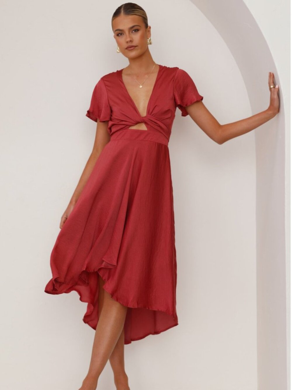 Twist-Front Midi Dress in Rose Brick